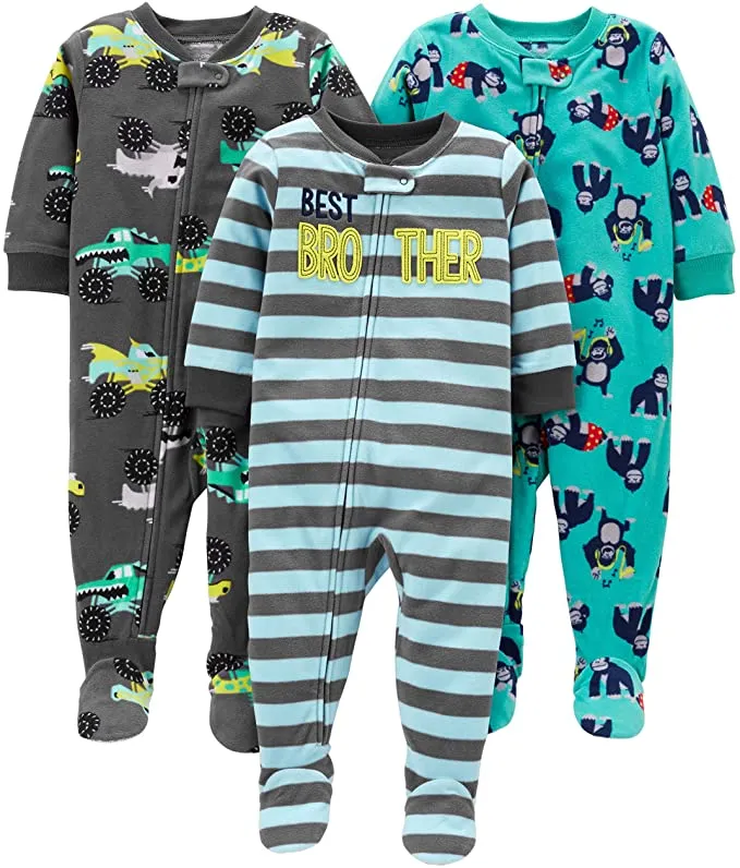 Simple Joys by Carter's Toddler Boys' 3-Pack Loose Fit Fleece Footed Pajamas, Brother/Trucks/Gorillas! Sz 4T!
