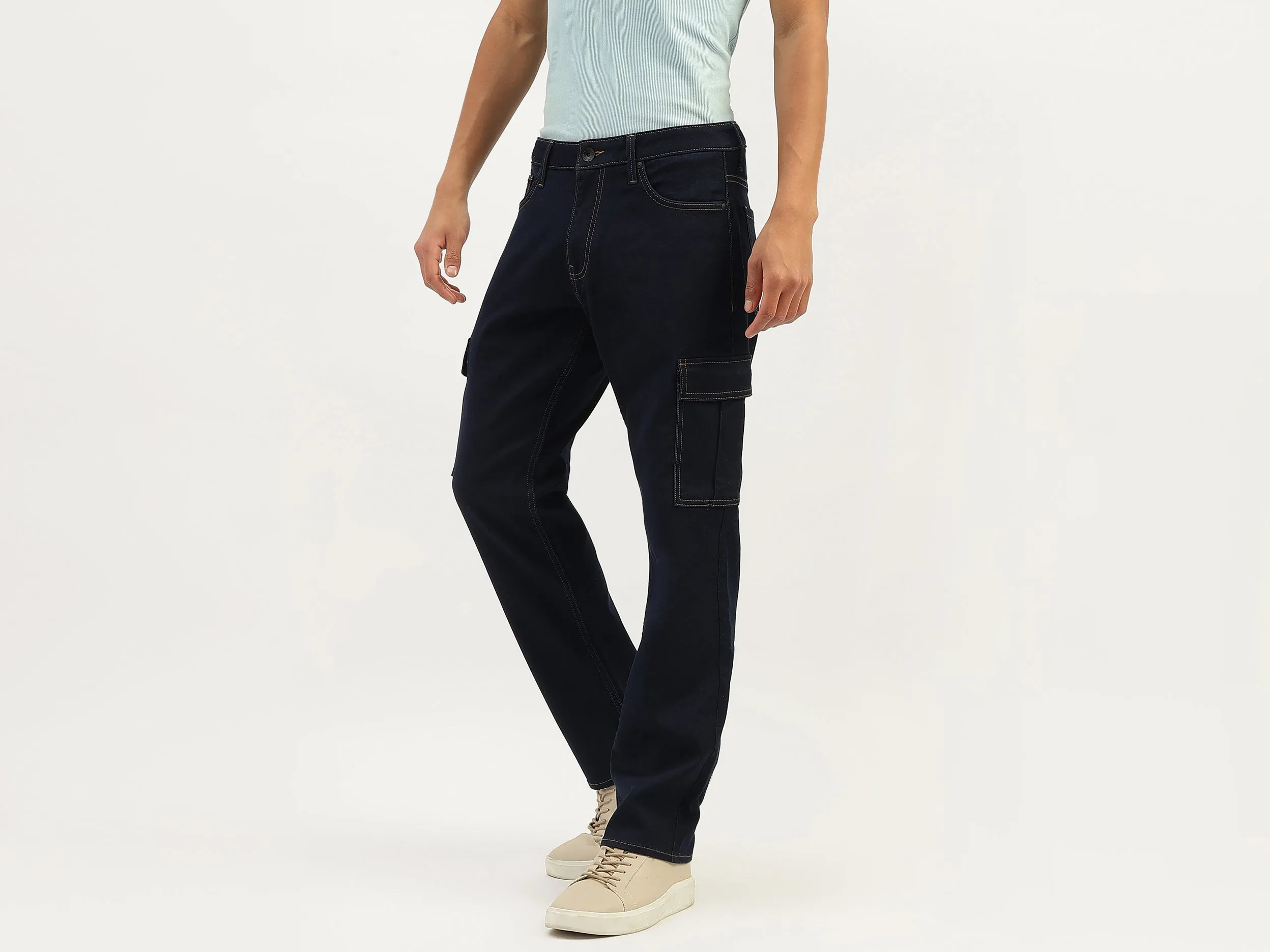 Solid Relaxed Fit Cargo Jeans