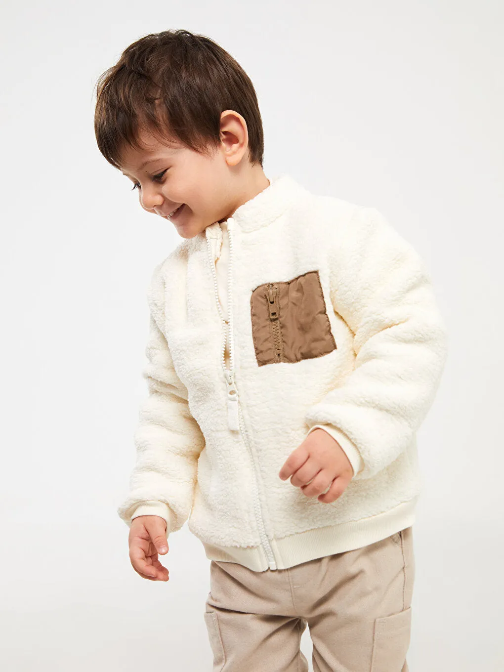 Stand-Up Collar Plush Baby Boy Zipper Sweatshirt