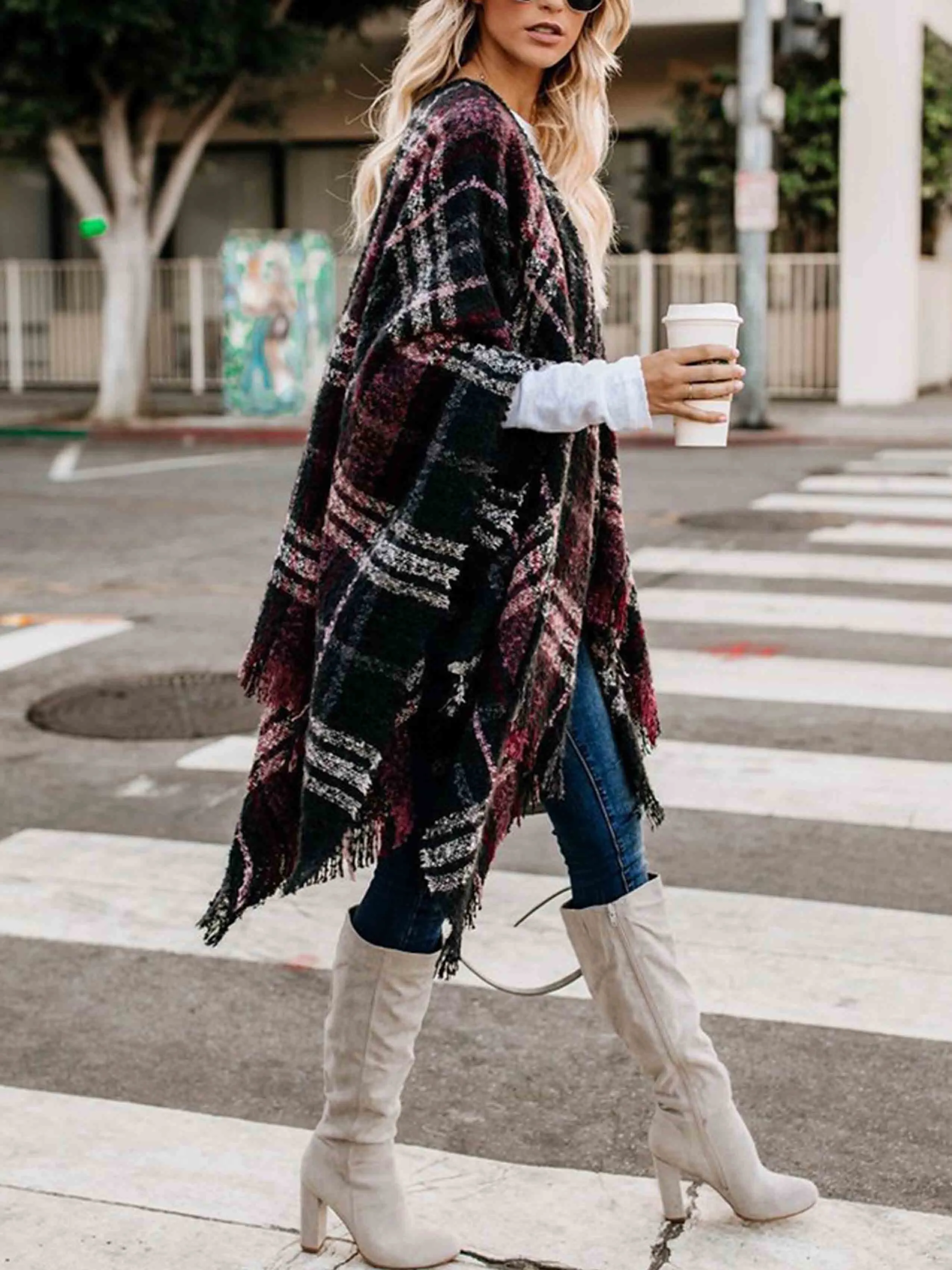 Stunncal Plaid Fringed Knit Shawl Coat
