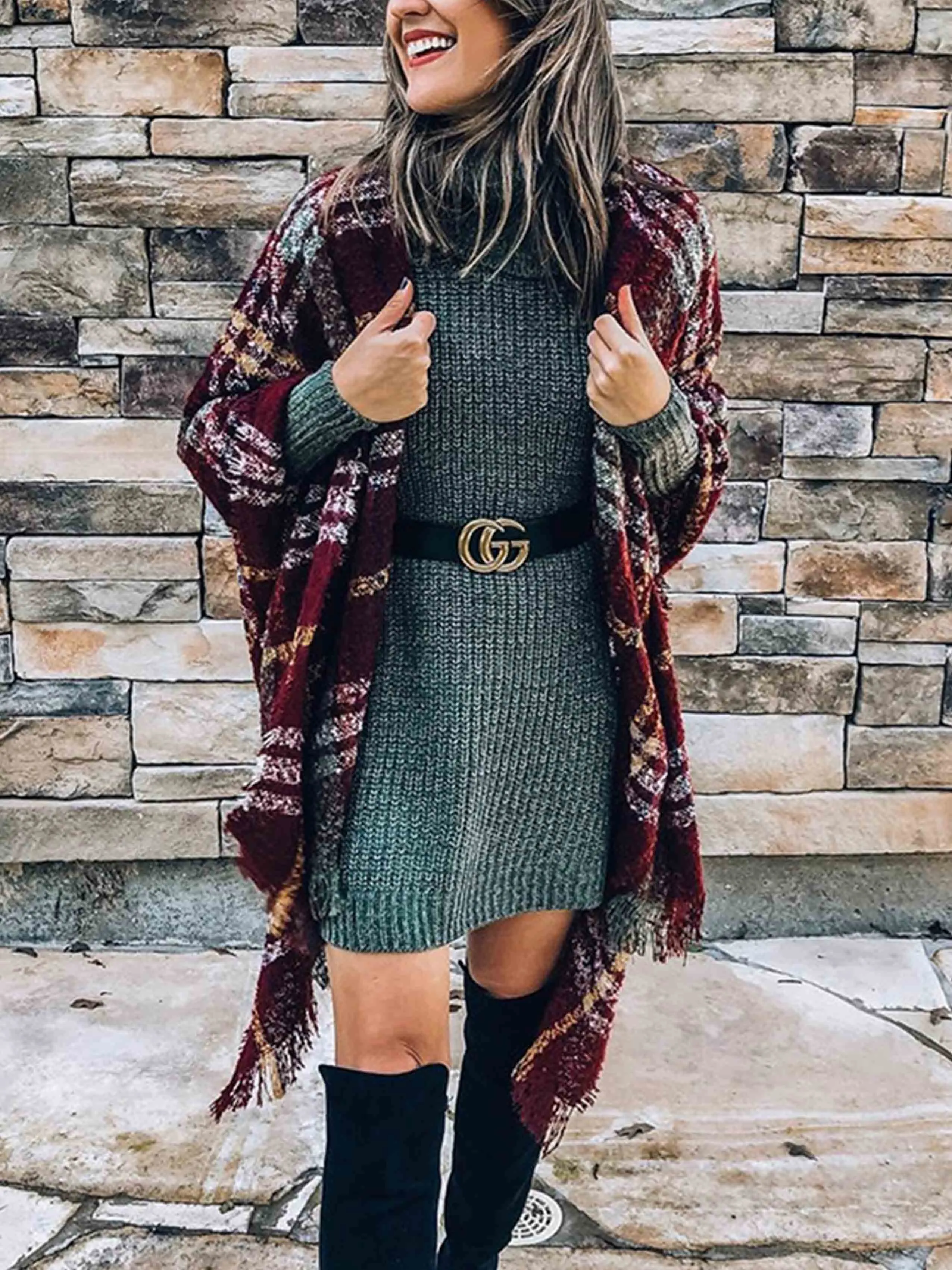 Stunncal Plaid Fringed Knit Shawl Coat