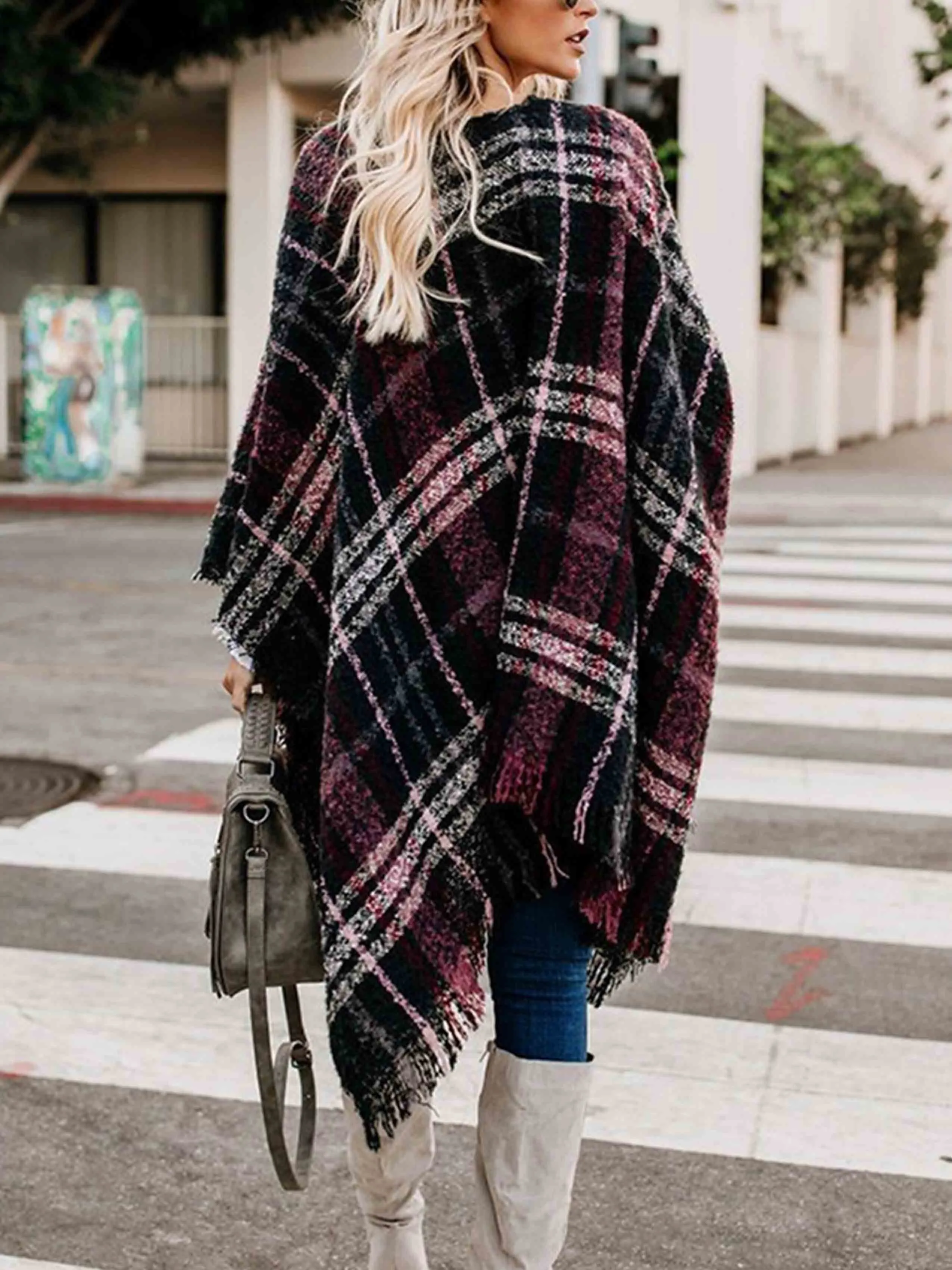 Stunncal Plaid Fringed Knit Shawl Coat