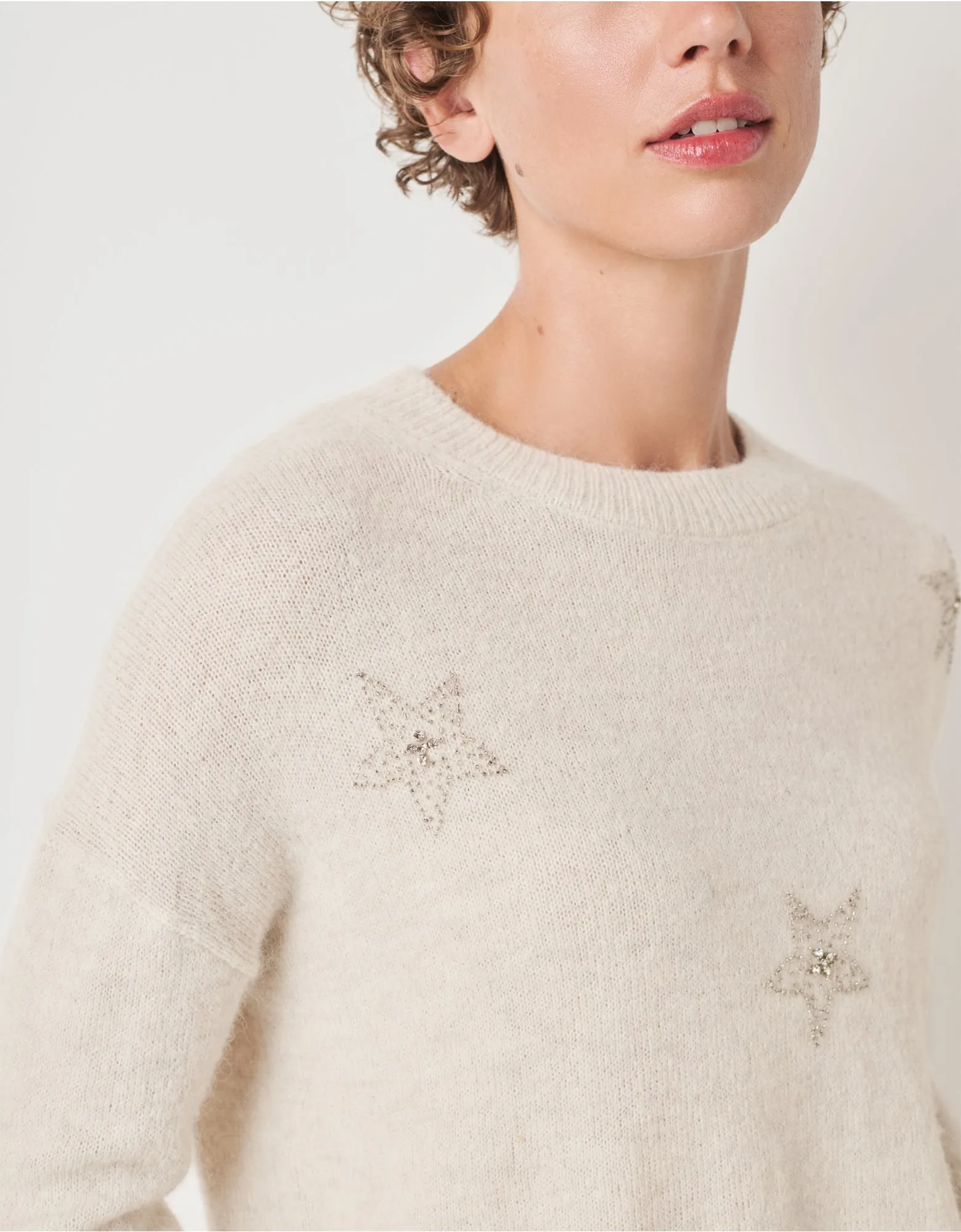 THE WHITE COMPANY Embellished Sparkle Star Jumper with Alpaca - Cloud Marl