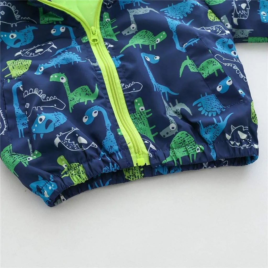 Toddler Boys Girls Jacket Hooded Trench Dinosaur Lightweight Kids Coats Windbreaker Outdoor