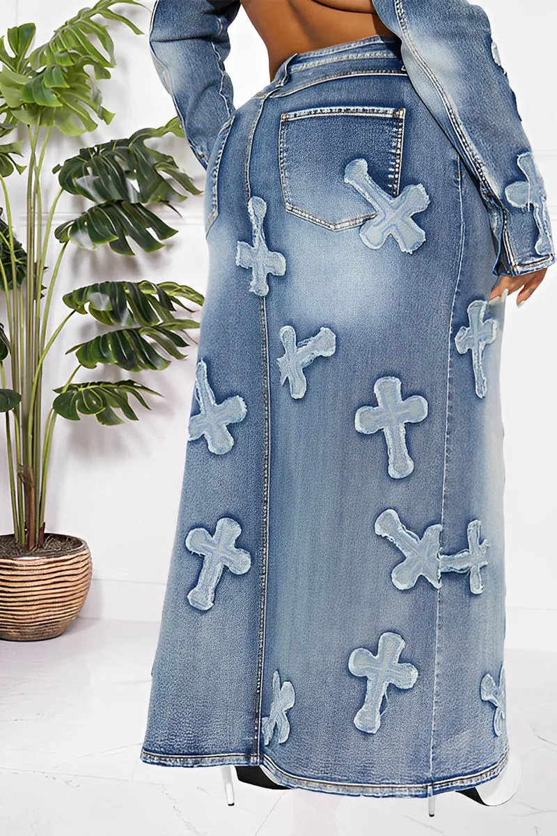 UK0148 Stretch Denim Jacket and Skirt Set