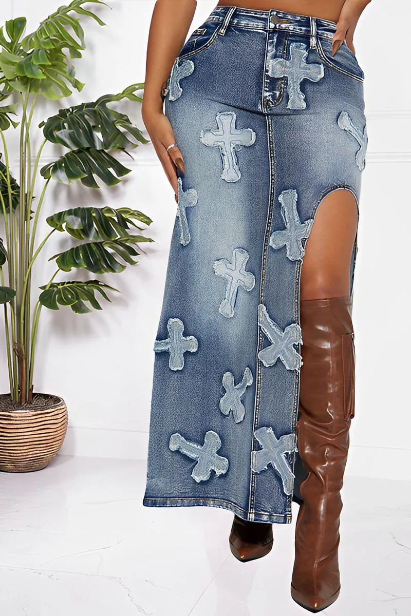 UK0148 Stretch Denim Jacket and Skirt Set