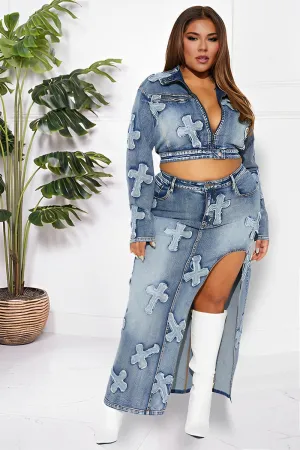 UK0148 Stretch Denim Jacket and Skirt Set