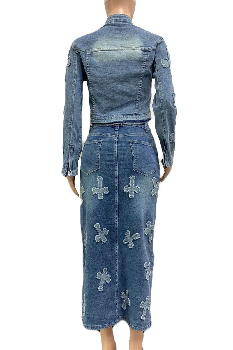 UK0148 Stretch Denim Jacket and Skirt Set