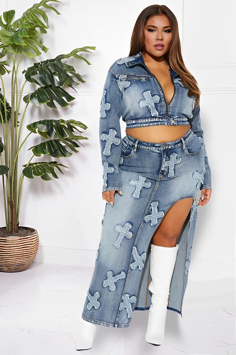 UK0148 Stretch Denim Jacket and Skirt Set