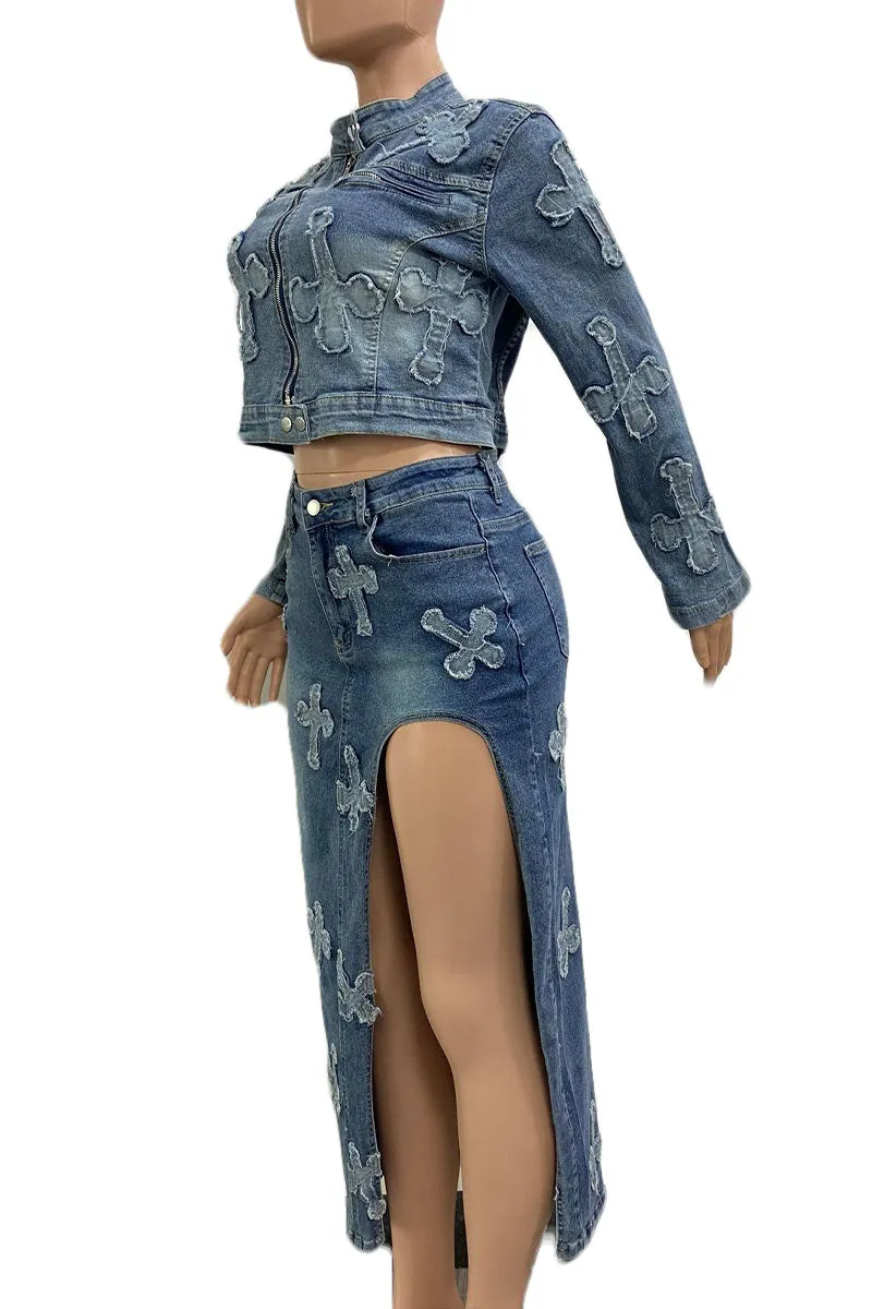 UK0148 Stretch Denim Jacket and Skirt Set