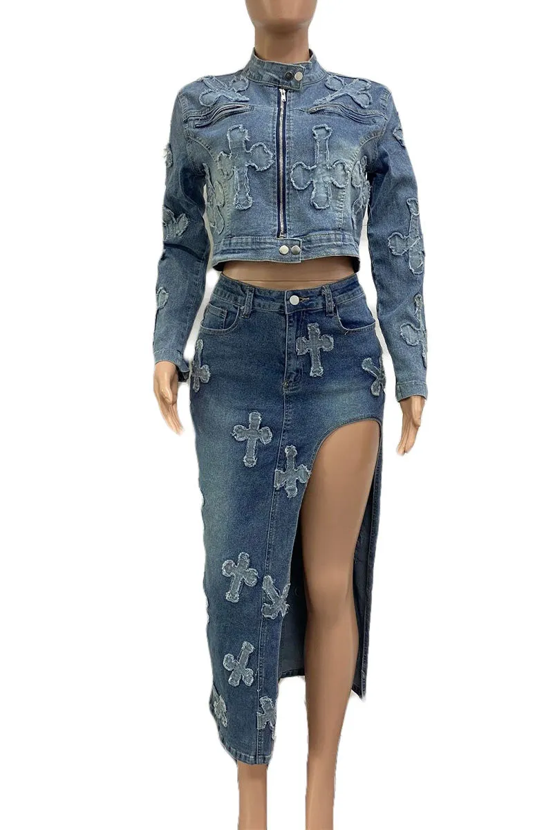 UK0148 Stretch Denim Jacket and Skirt Set