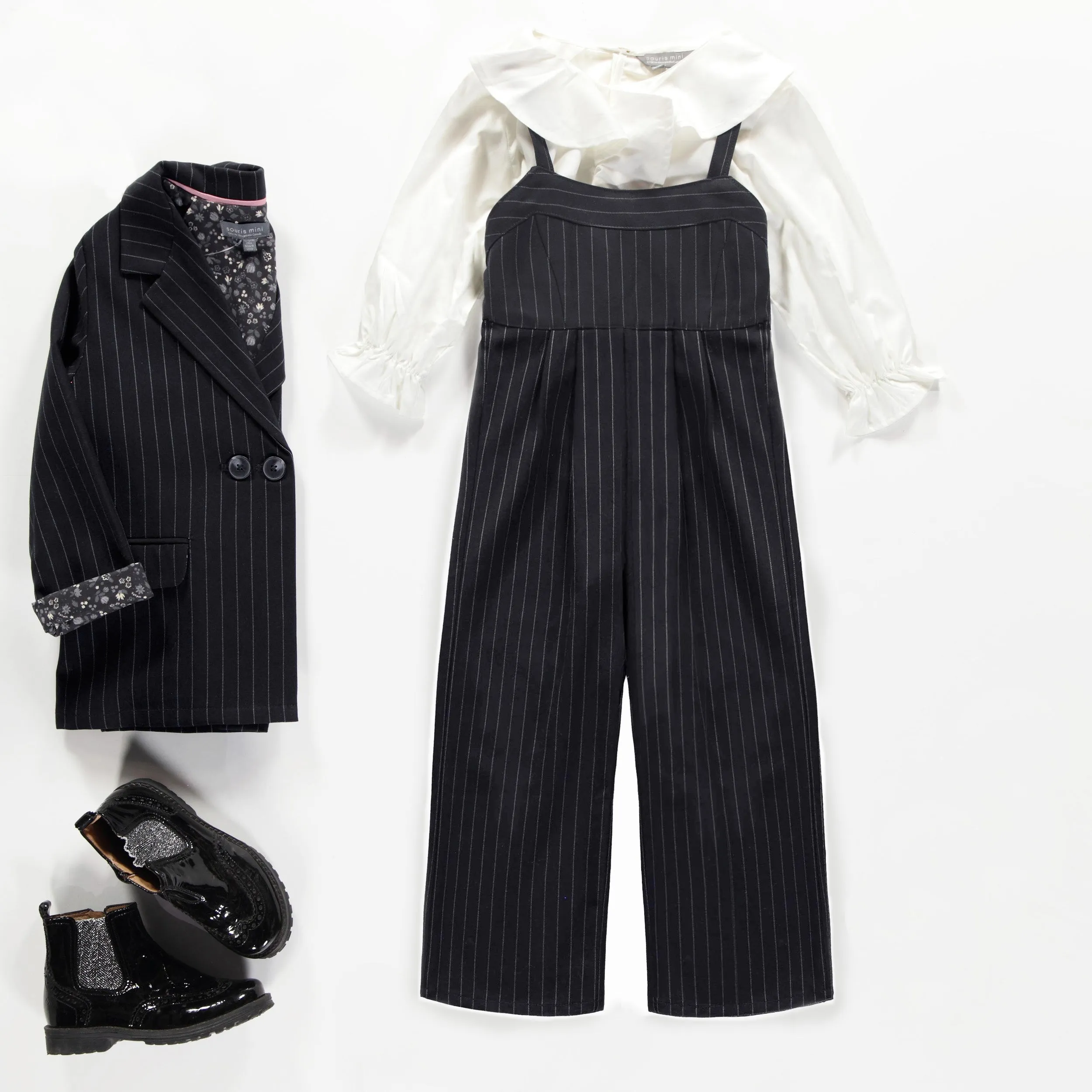 Une-pièce noir et blanc à rayures en gabardine de coton, enfant || Black and white striped one-piece in cotton gabardine, child
