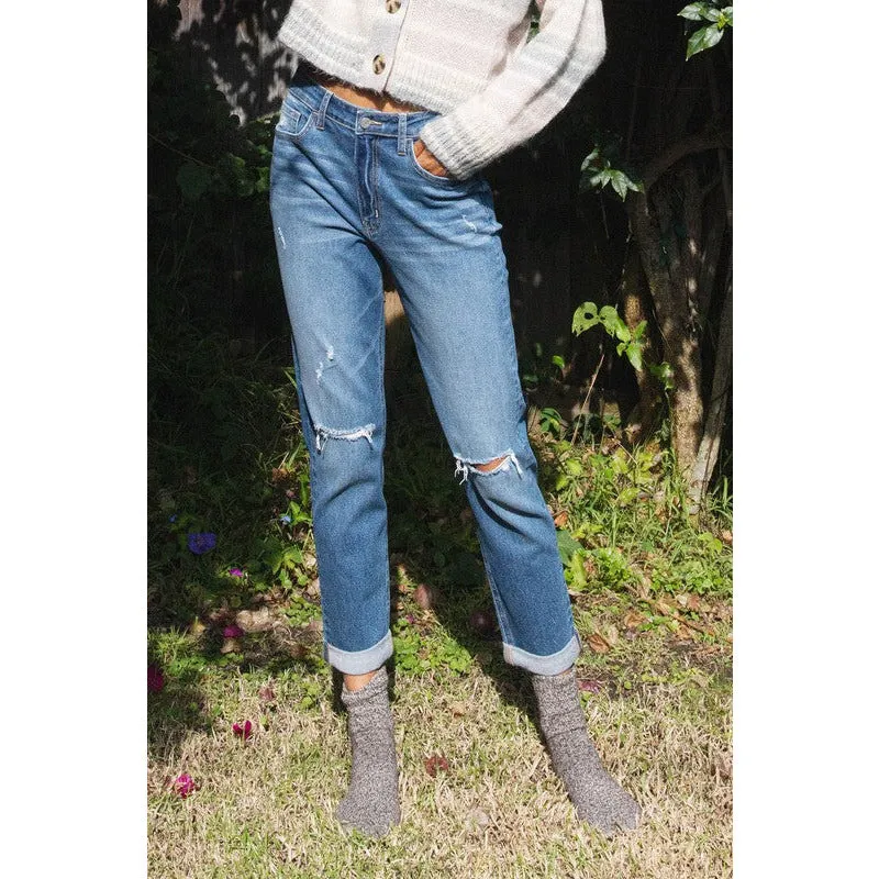 Vervet By Flying Monkey Distressed Double Cuff Mom Jeans