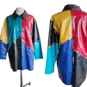 Vintage 80s Vinyl Coat Colorblock Patchwork