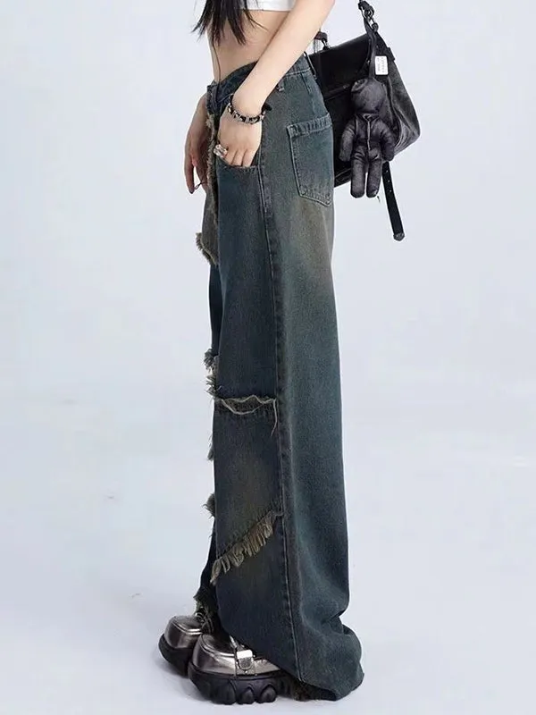 Vintage boyfriend jeans with raw hem and star patchwork