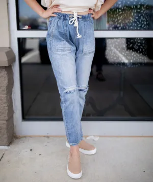 Washed Boyfriend Drawstring Jeans- medium wash