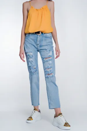wide leg cropped raw hem jeans in blue colour