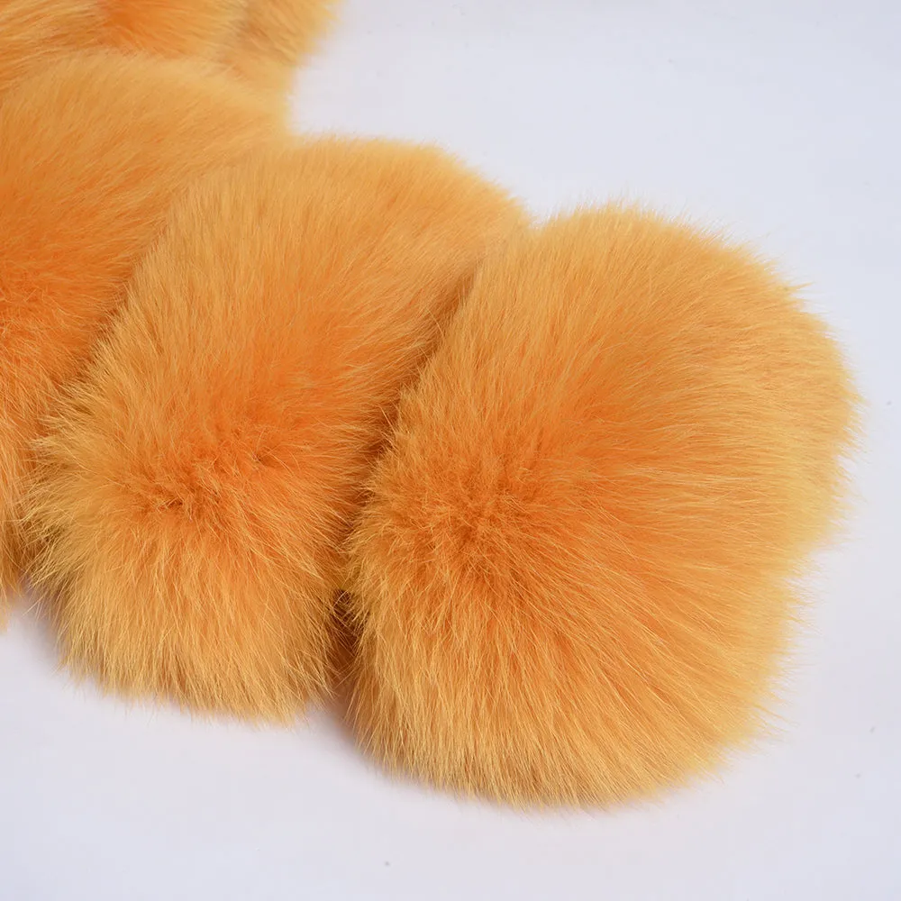Women Real Fox Fur Collared Cropped Coat with Long Sleeves Orange