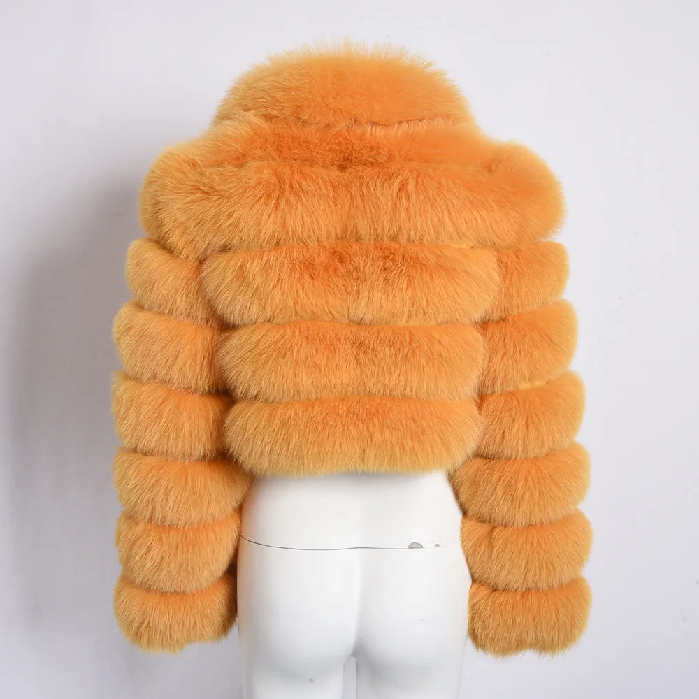 Women Real Fox Fur Collared Cropped Coat with Long Sleeves Orange