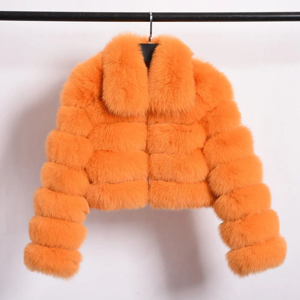 Women Real Fox Fur Collared Cropped Coat with Long Sleeves Orange