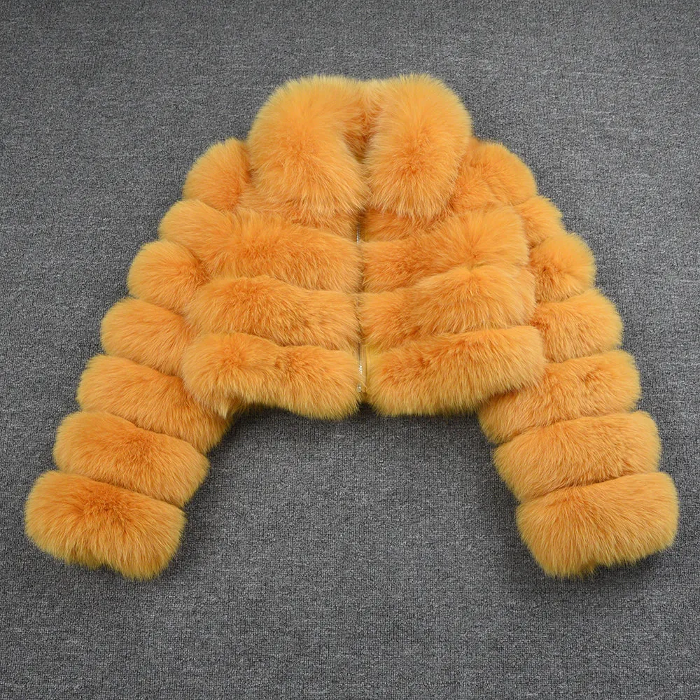 Women Real Fox Fur Collared Cropped Coat with Long Sleeves Orange