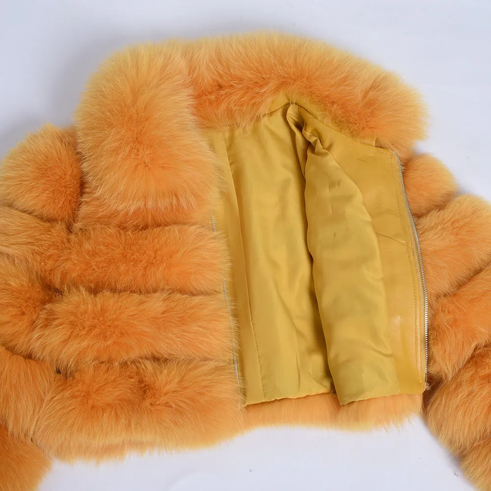 Women Real Fox Fur Collared Cropped Coat with Long Sleeves Orange