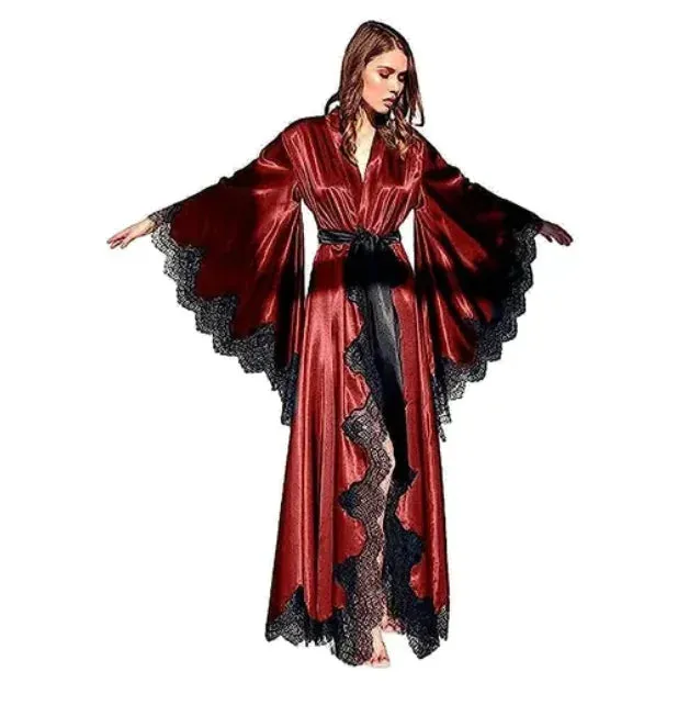 Women Robes Sleepwear Kimono Pajamas Pure Long Black Silk Satin Lace Trim Photography Dress Wedding Bride Gown Photo Shoot