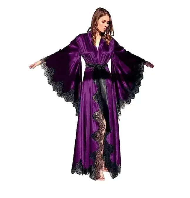Women Robes Sleepwear Kimono Pajamas Pure Long Black Silk Satin Lace Trim Photography Dress Wedding Bride Gown Photo Shoot