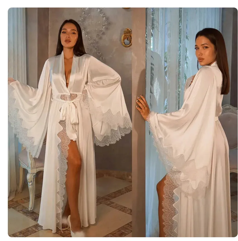 Women Robes Sleepwear Kimono Pajamas Pure Long Black Silk Satin Lace Trim Photography Dress Wedding Bride Gown Photo Shoot