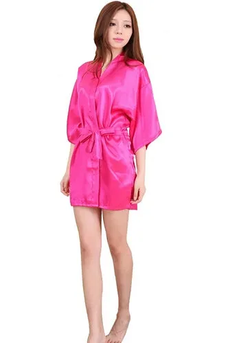 Women Silk Satin Short Night Robe Solid Kimono Robe Fashion Bath Robe Sexy Bathrobe Peignoir Femme Wedding Bride Bridesmaid Robe