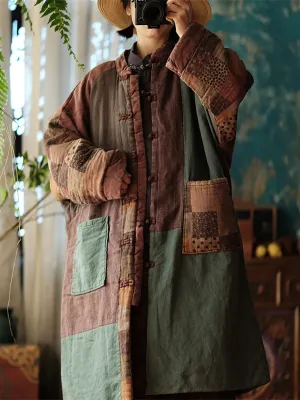 Women Vintage Autumn Patch Spliced Long Cotton Robe Coat