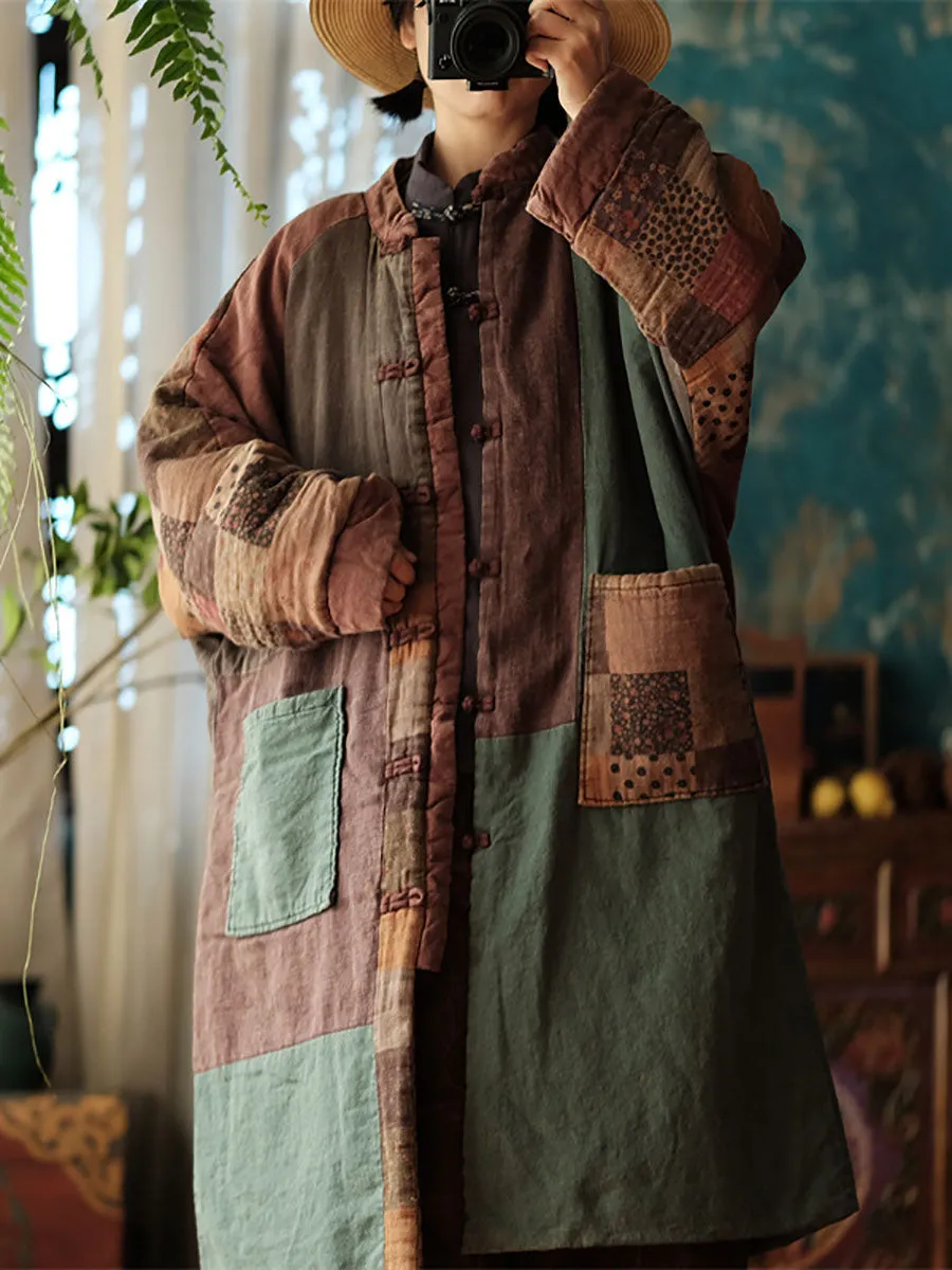 Women Vintage Autumn Patch Spliced Long Cotton Robe Coat