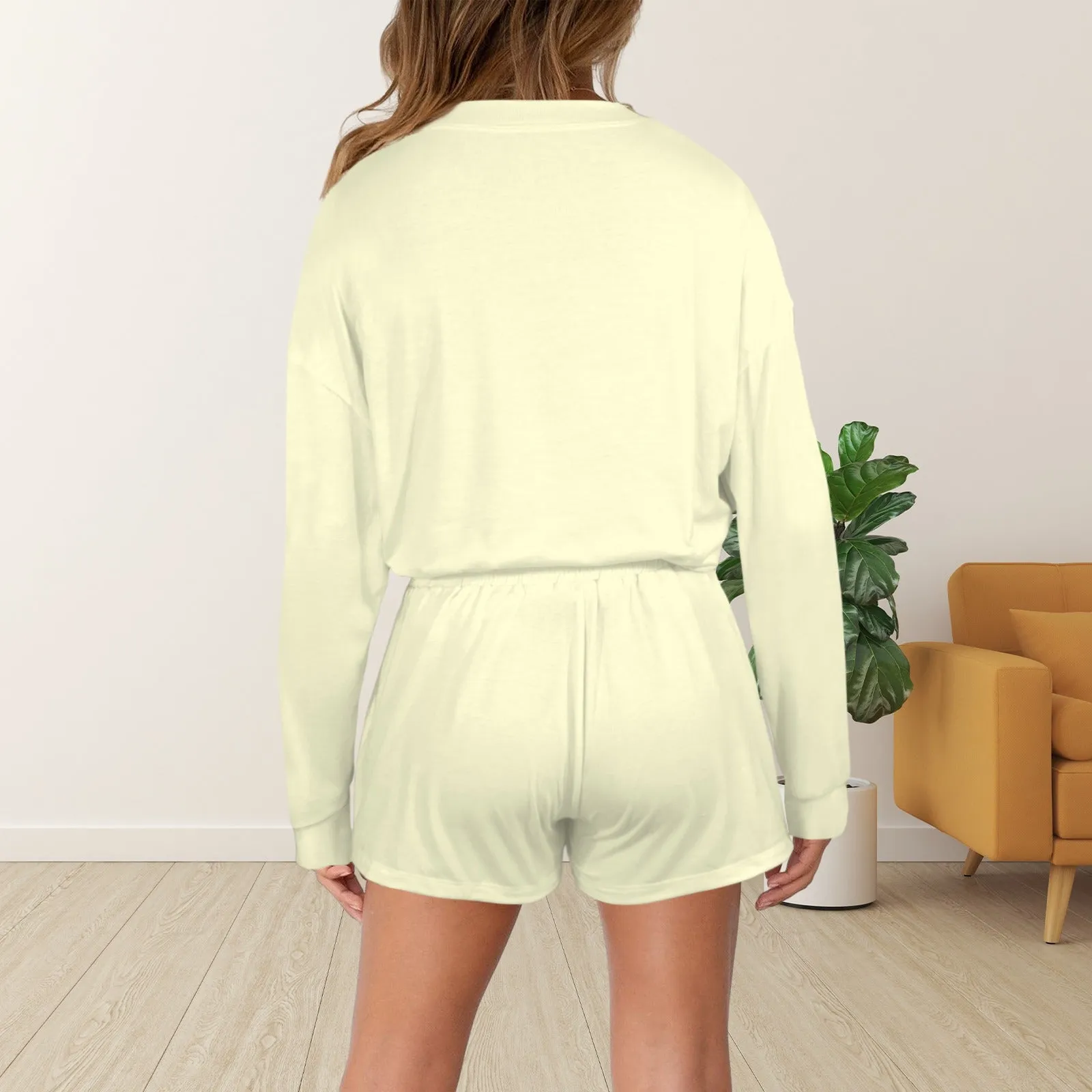 Women's Long Sleeve&Tether Shorts Pocket Pajama Sets